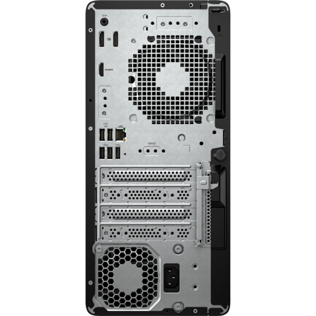 Soğutma fanı, USB bağlantı noktaları, HDMI, güç kaynağı ve genişletme yuvaları gösteren masaüstü PC arka paneli.