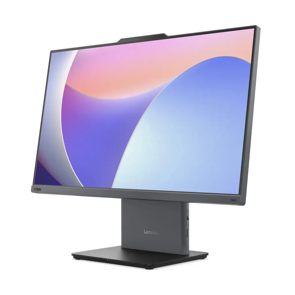 Beyaz arka planda renkli soyut duvar kağıdına sahip koyu gri bir Lenovo hepsi bir arada masaüstü bilgisayar.