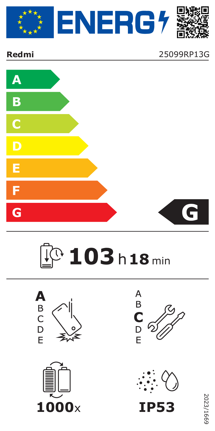 Etichetta energetica Redmi con classe G, batteria di 103h 18min e IP53.
