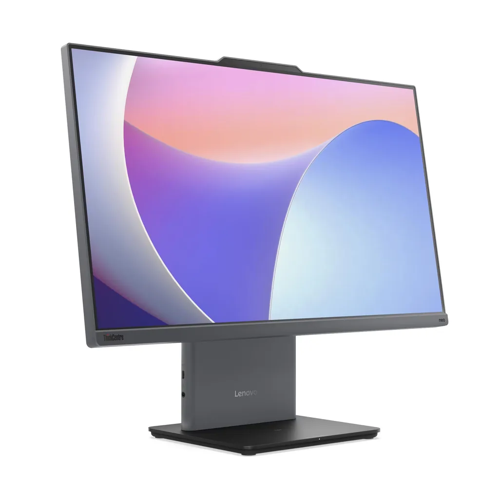 Ekranında soyut bir duvar kağıdı olan ve siyah tabana sahip gri bir Lenovo ThinkCentre hepsi bir arada PC.