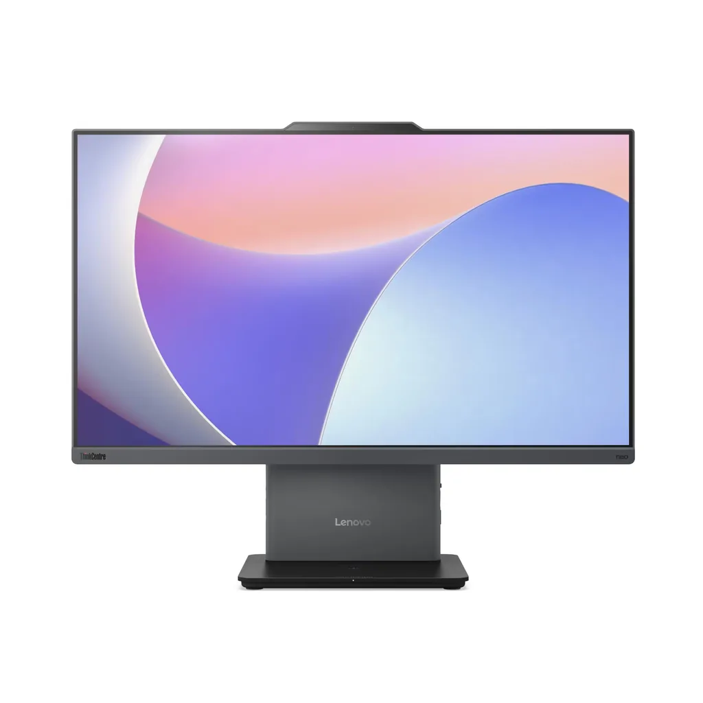 Renkli soyut duvar kağıdına sahip koyu gri bir Lenovo hepsi bir arada masaüstü bilgisayarın önden görünümü.