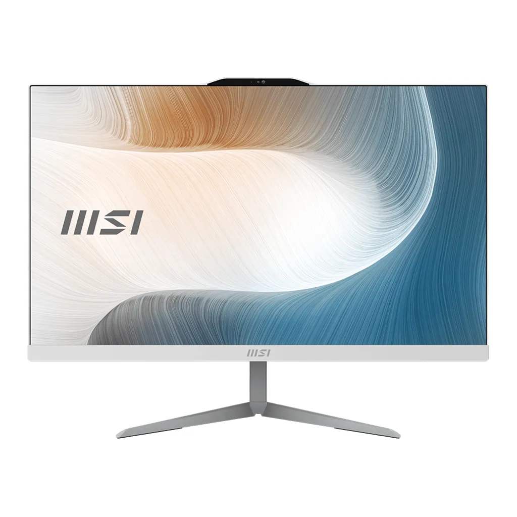 Gümüş ayak üzerinde soyut mavi ve kahverengi duvar kağıdına sahip beyaz MSI hepsi bir arada PC.