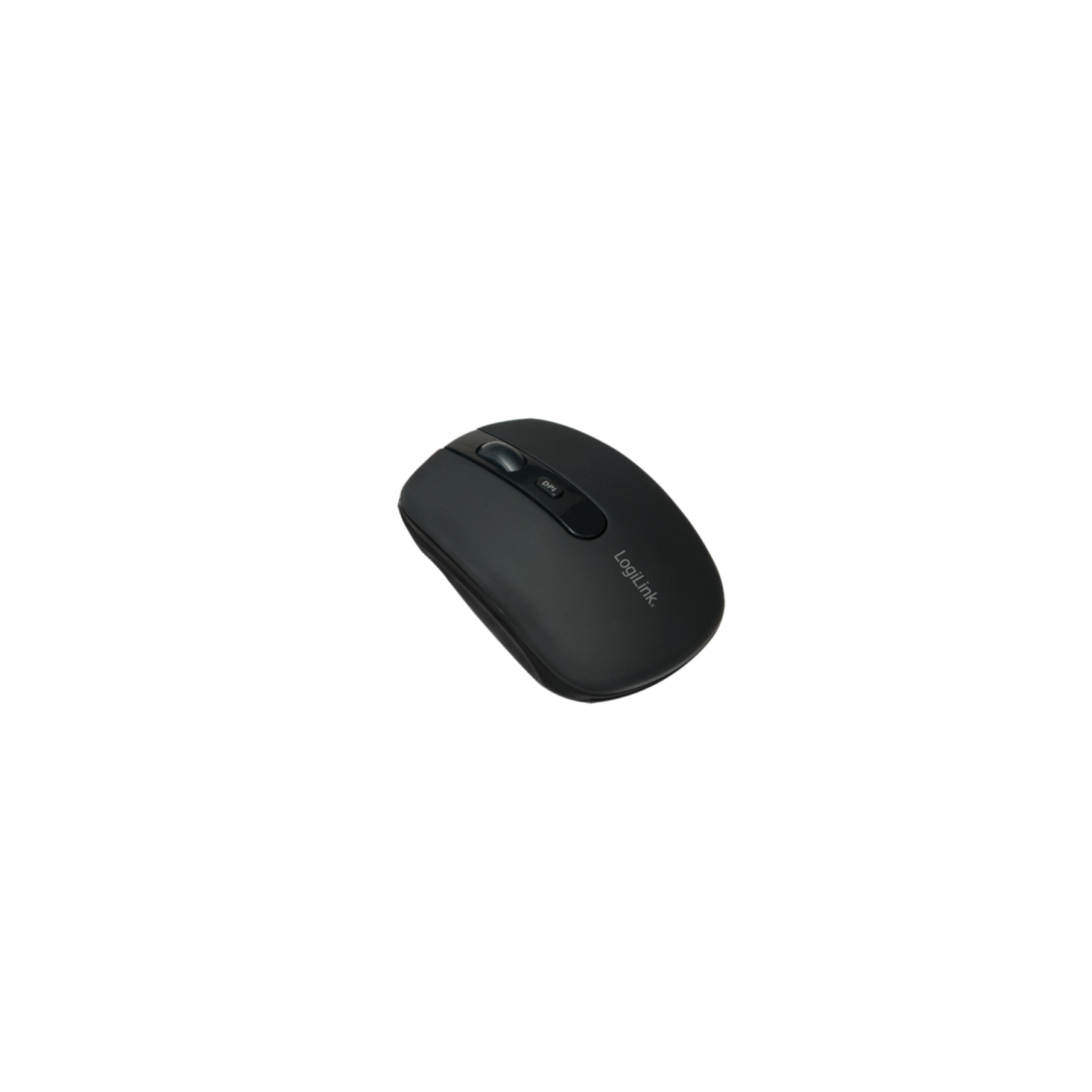Un mouse per computer wireless LogiLink nero su sfondo bianco con rotella di scorrimento.