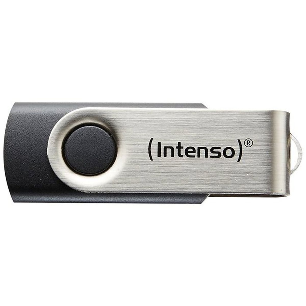 Ein schwarzer und silberner Intenso USB-Stick vor weißem Hintergrund.