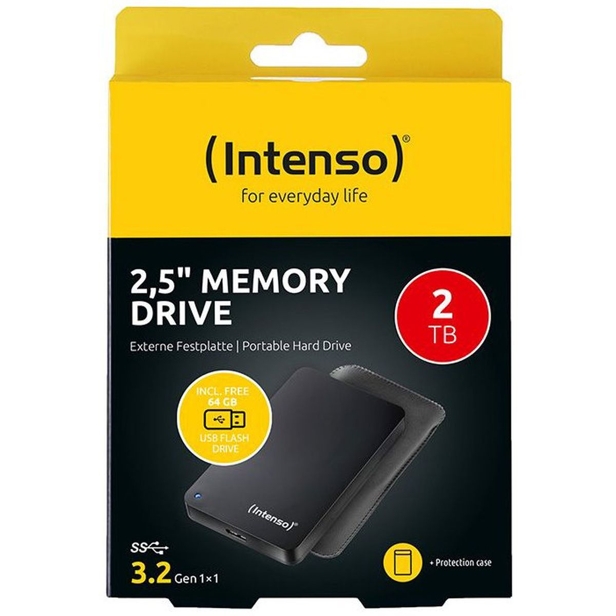 Verpackung der Intenso 2,5 Zoll externen Festplatte mit 2 TB Speicher und Schutztasche.