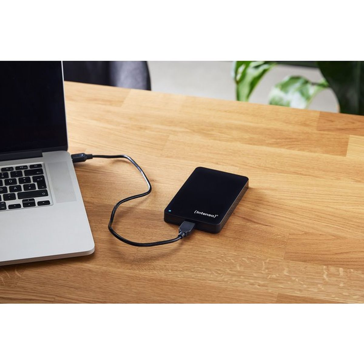 Eine schwarze Intenso-Festplatte ist mit einem USB-Kabel an einen silbernen Laptop auf einem Holzschreibtisch angeschlossen.