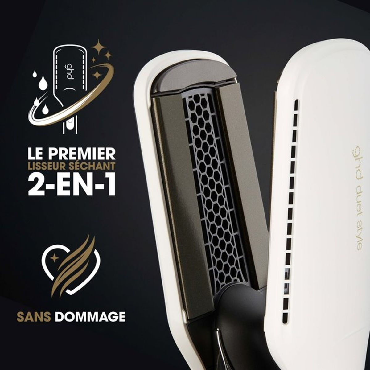Ein weißer GHD-Duet-Styler-Haarglätter vor schwarzem Hintergrund mit Text.