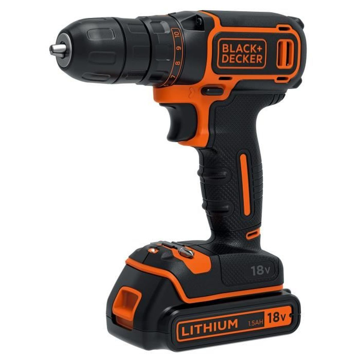 Schwarzer und orangefarbener Akku-Bohrschrauber von Black and Decker mit Lithium-Akku vor weißem Hintergrund.
