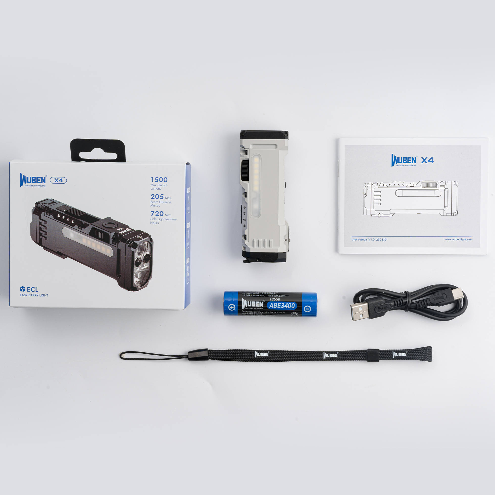 Wuben X4 Taschenlampe in Box mit Akku, USB-Kabel, Handbuch und Trageband auf weißem Hintergrund.