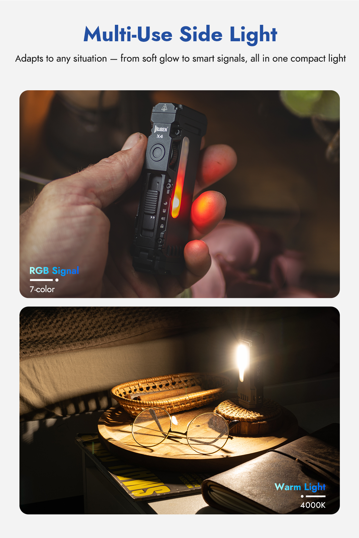Eine Hand hält eine schwarze Taschenlampe mit rotem Seitenlicht; darunter leuchtet sie warm auf einem Nachttisch.