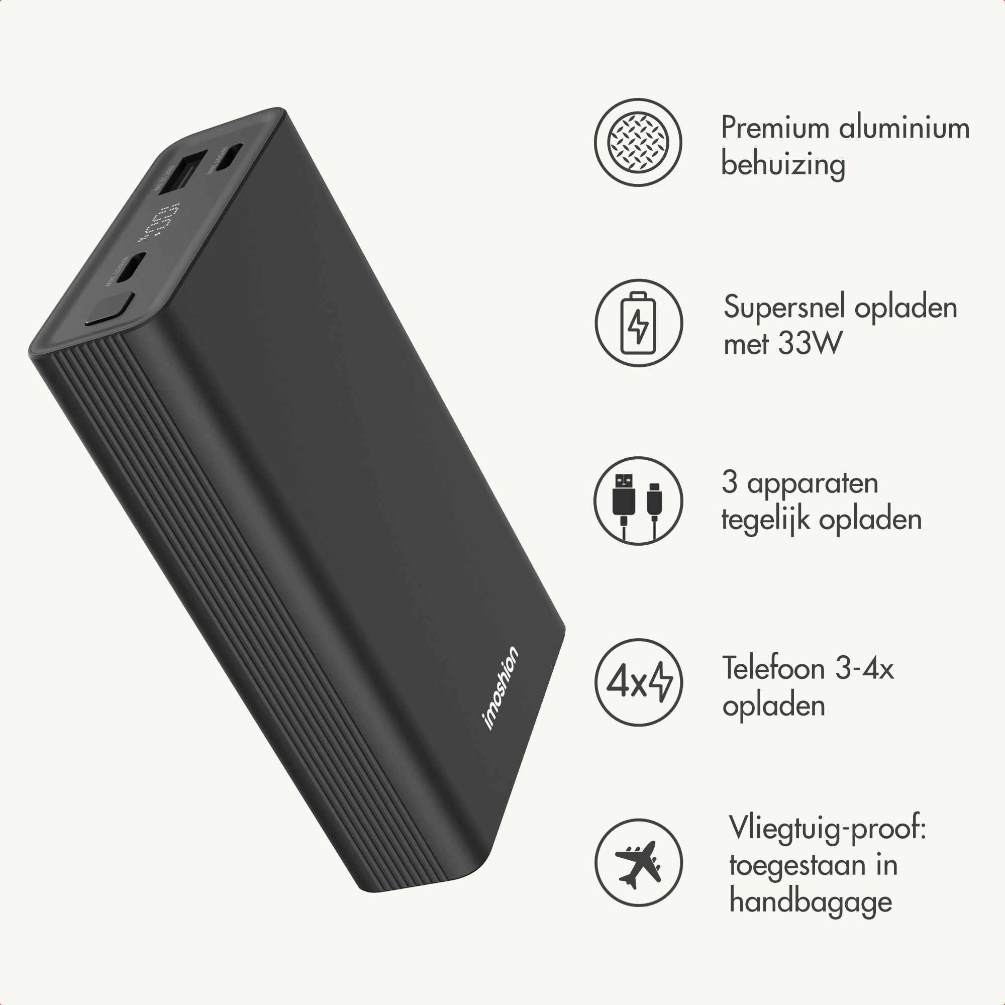 Power bank nera con custodia in alluminio, ricarica rapida da 33W e cinque icone di caratteristiche.