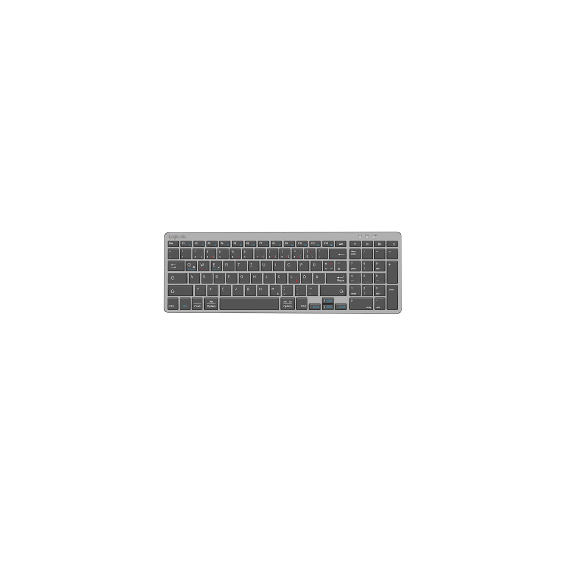 Tastiera grigia LogiLink con layout QWERTZ tedesco su sfondo bianco.