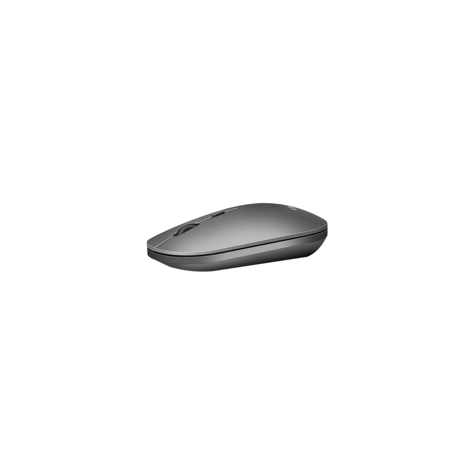 Un elegante mouse per computer wireless grigio scuro su sfondo bianco, visto da una angolazione bassa.