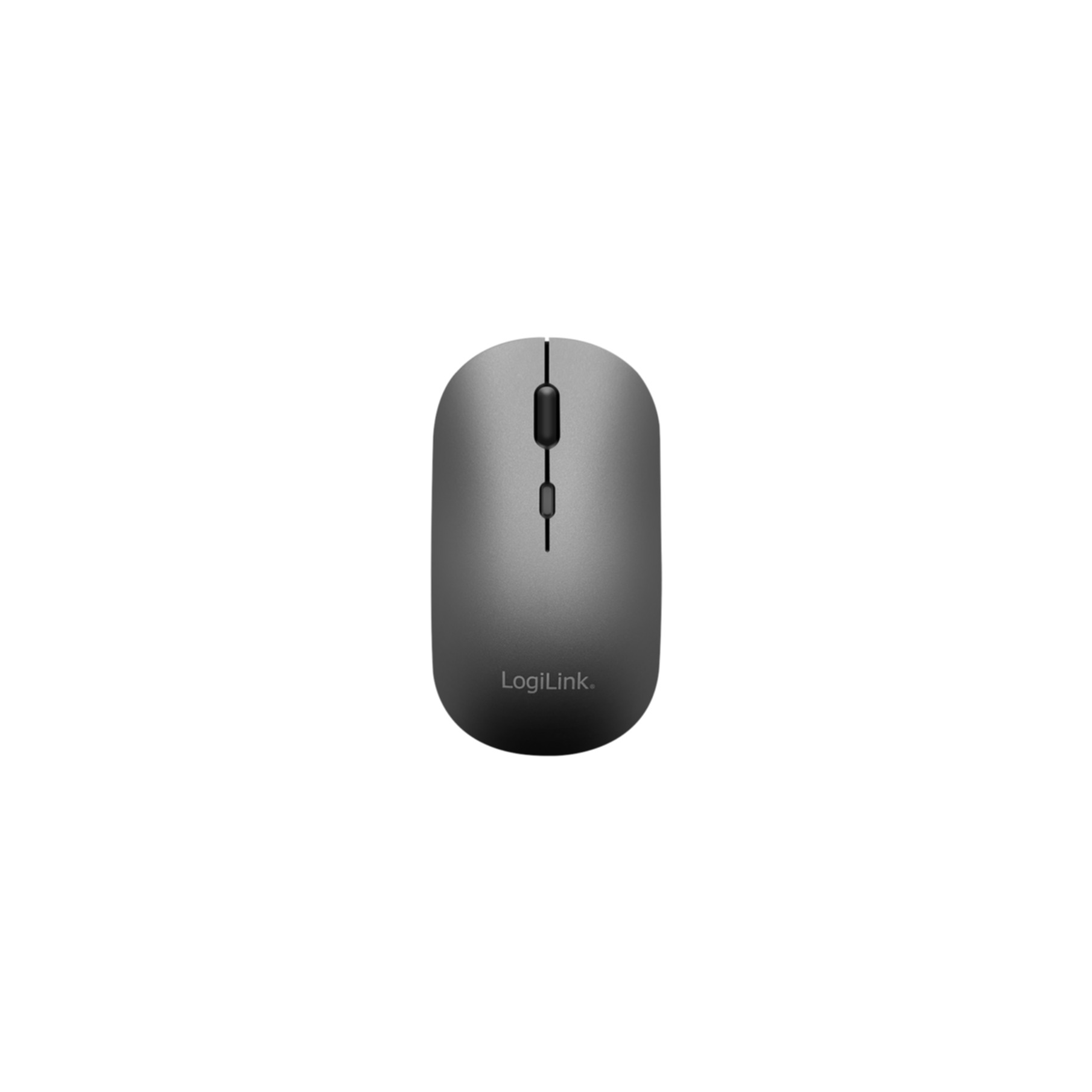 Un elegante mouse per computer wireless grigio scuro con rotella di scorrimento e logo LogiLink su sfondo bianco.