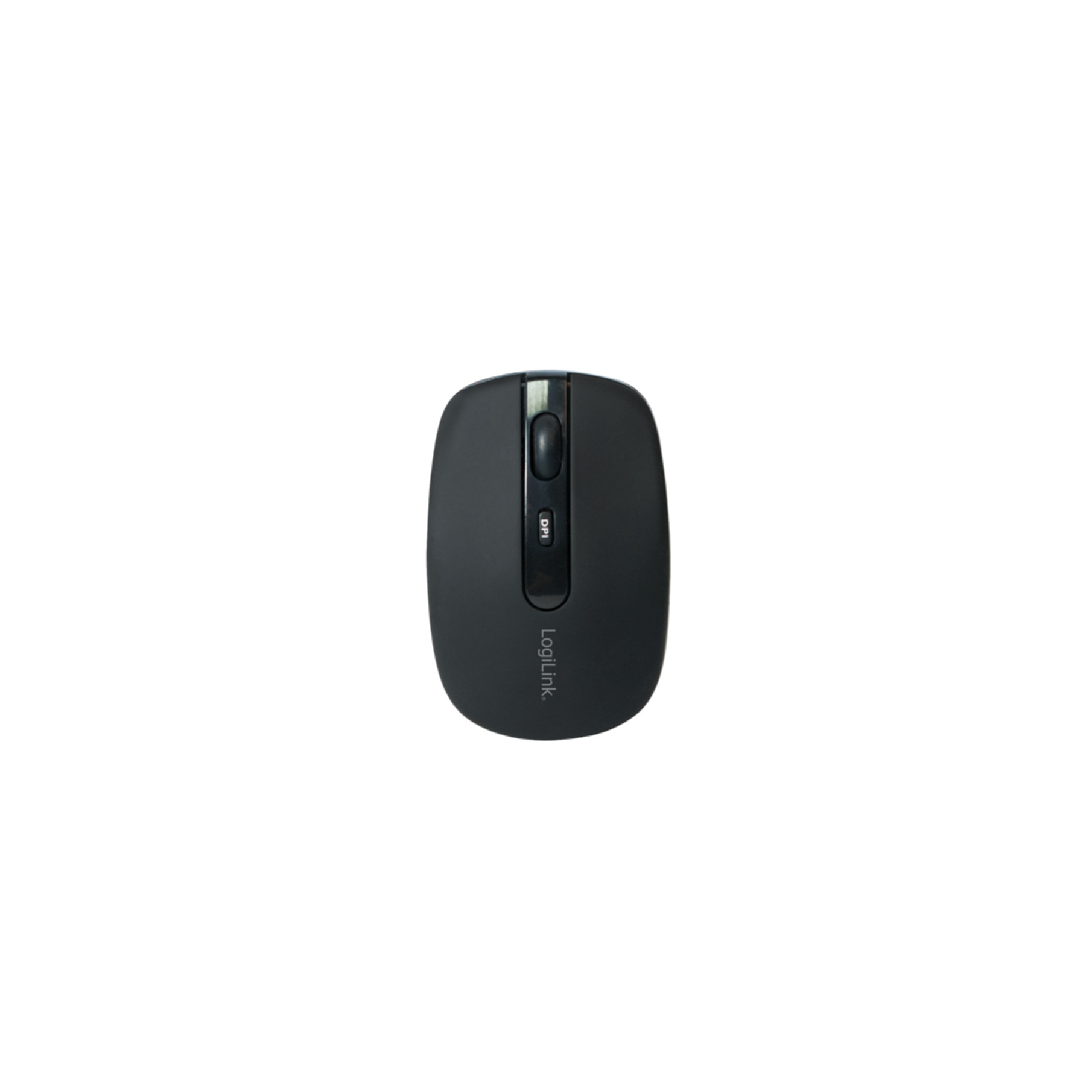 Un mouse per computer wireless nero con rotellina di scorrimento e logo LogiLink.