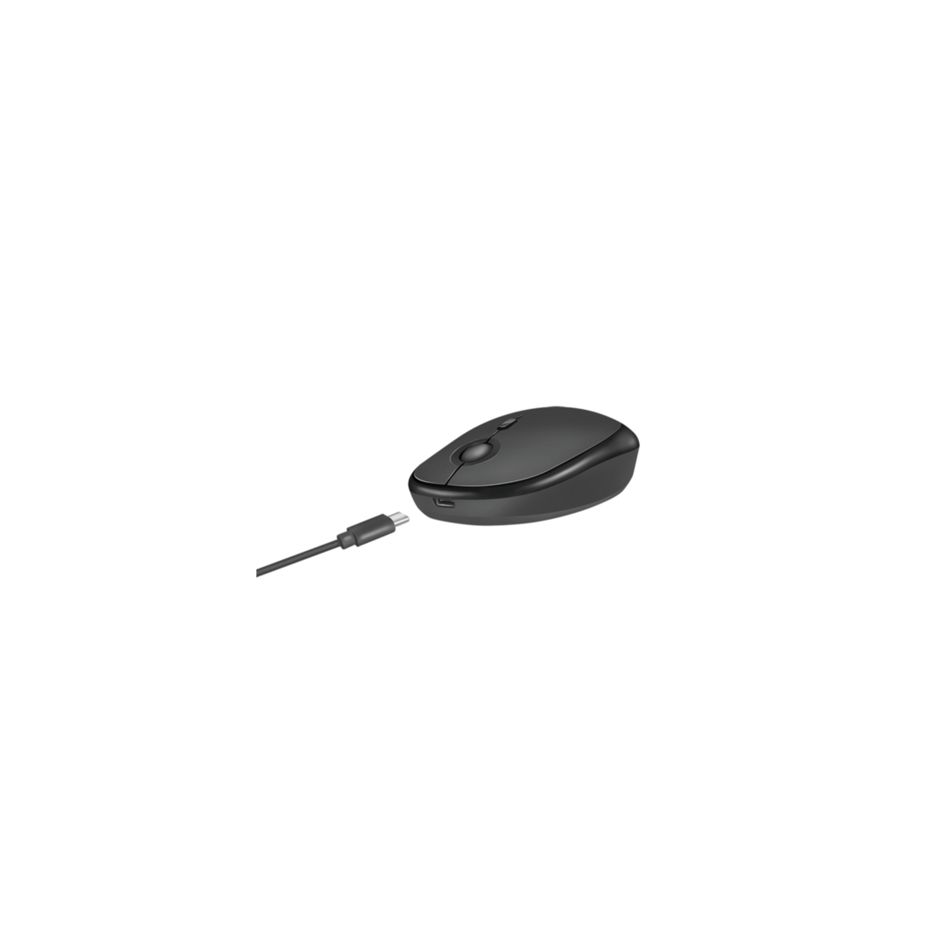 A black computer mouse with a scroll wheel and a USB-C charging cable next to it on a white background.