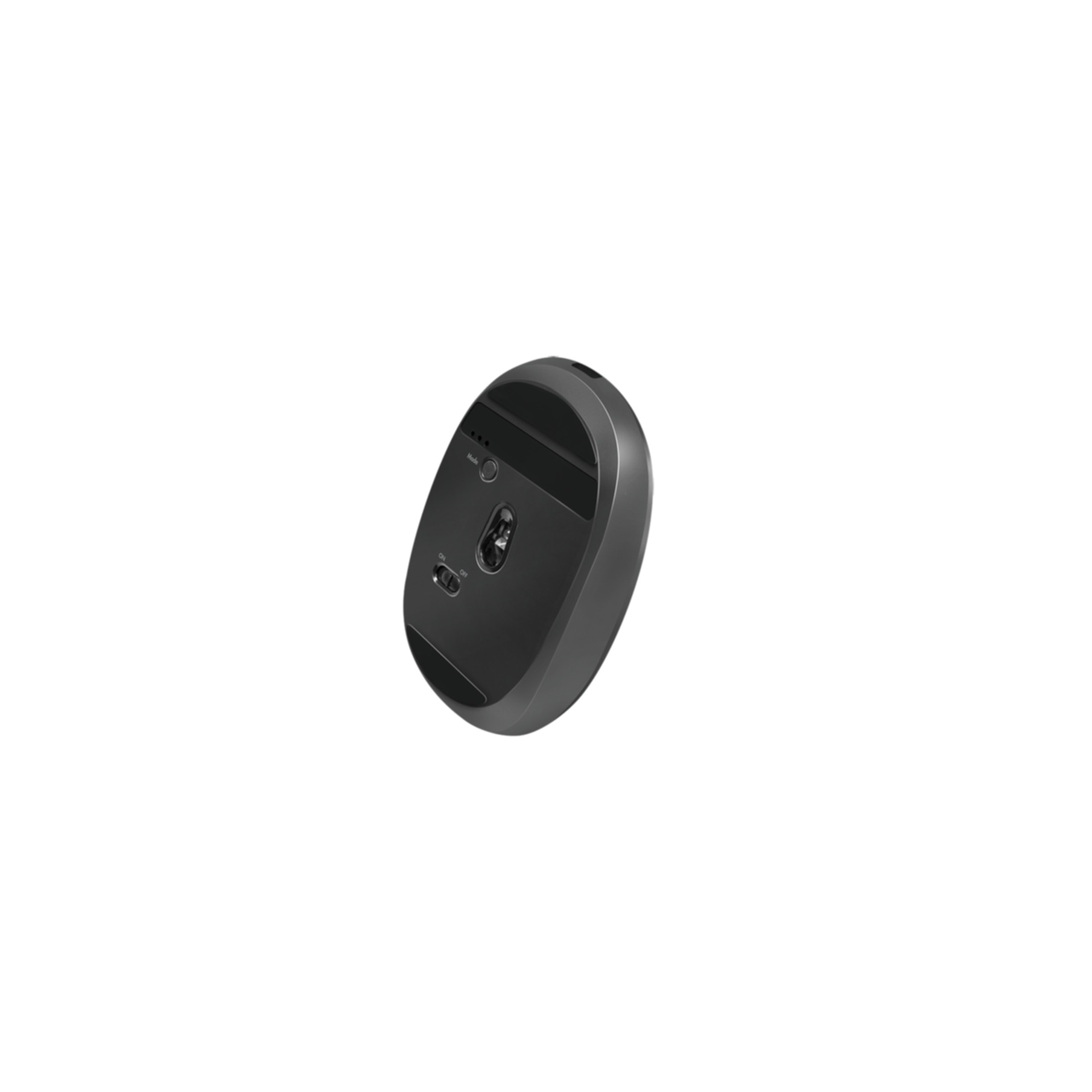 A gray wireless computer mouse with a metallic edge on a white background.