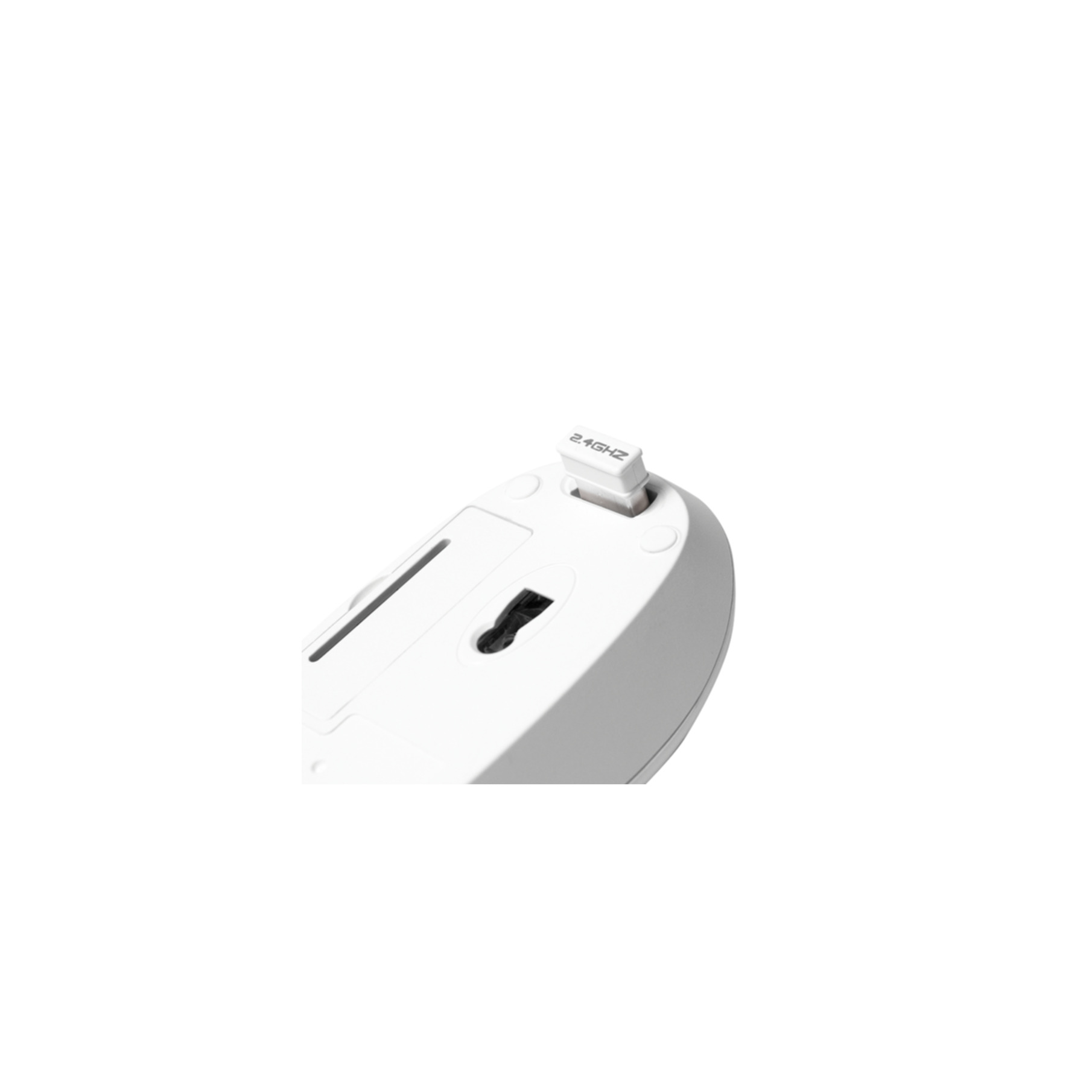 Vista dal basso di un mouse wireless bianco con un ricevitore USB da 2,4 GHz inserito in uno slot.