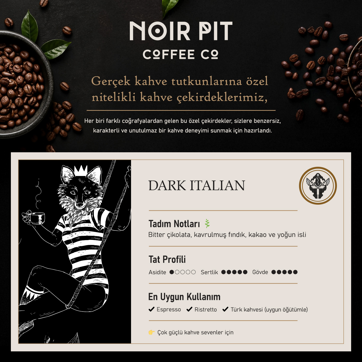 Kahve çekirdekleri, tilki illüstrasyonu ve tat notları içeren Dark Italian için Noir Pit Coffee reklamı.