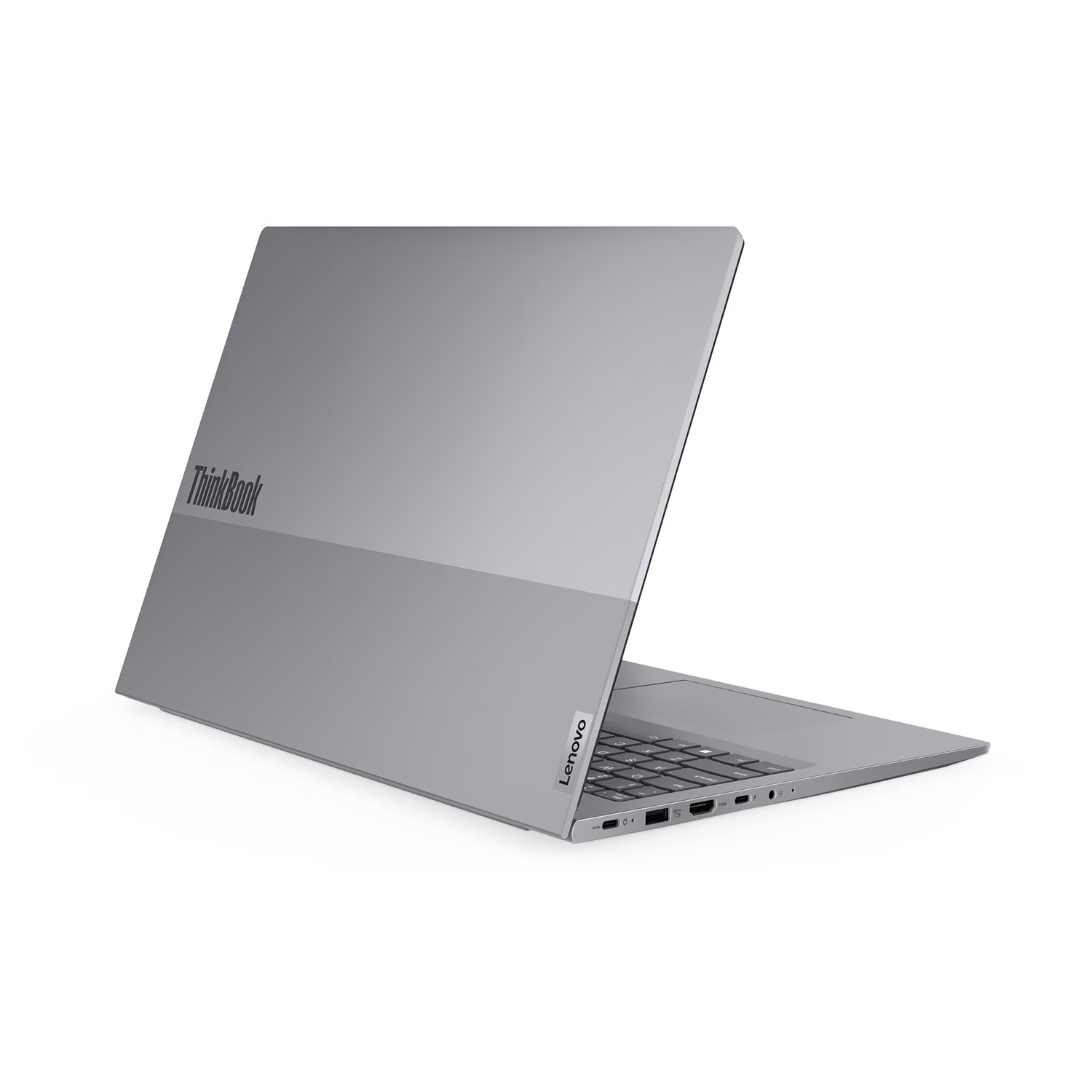 Beyaz arka planda gümüş renkli Lenovo ThinkBook dizüstü bilgisayar, sağdan görünüm, bağlantı noktaları.