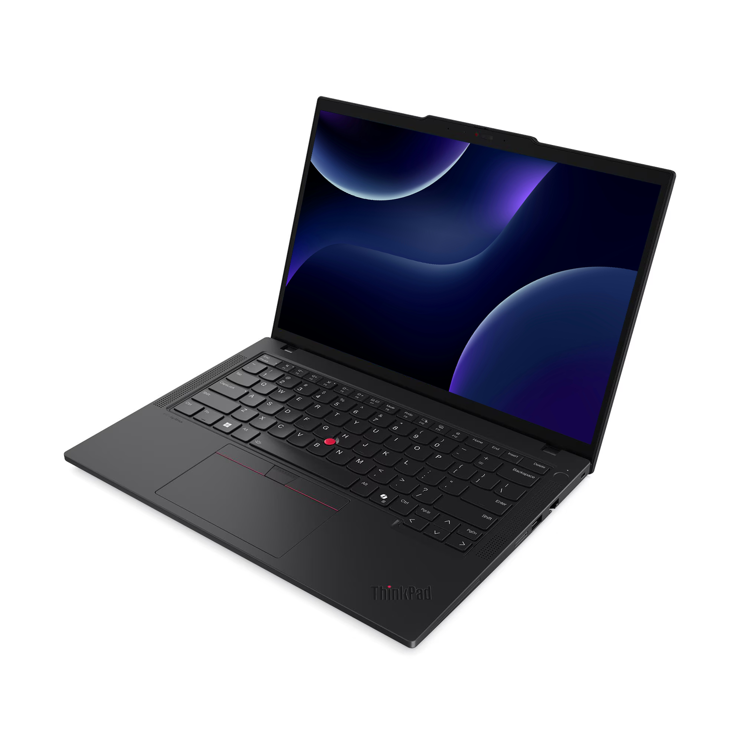 Siyah renkli açık bir ThinkPad dizüstü bilgisayar, beyaz zemin üzerinde koyu mavi ve mor soyut duvar kağıdı gösteriyor.