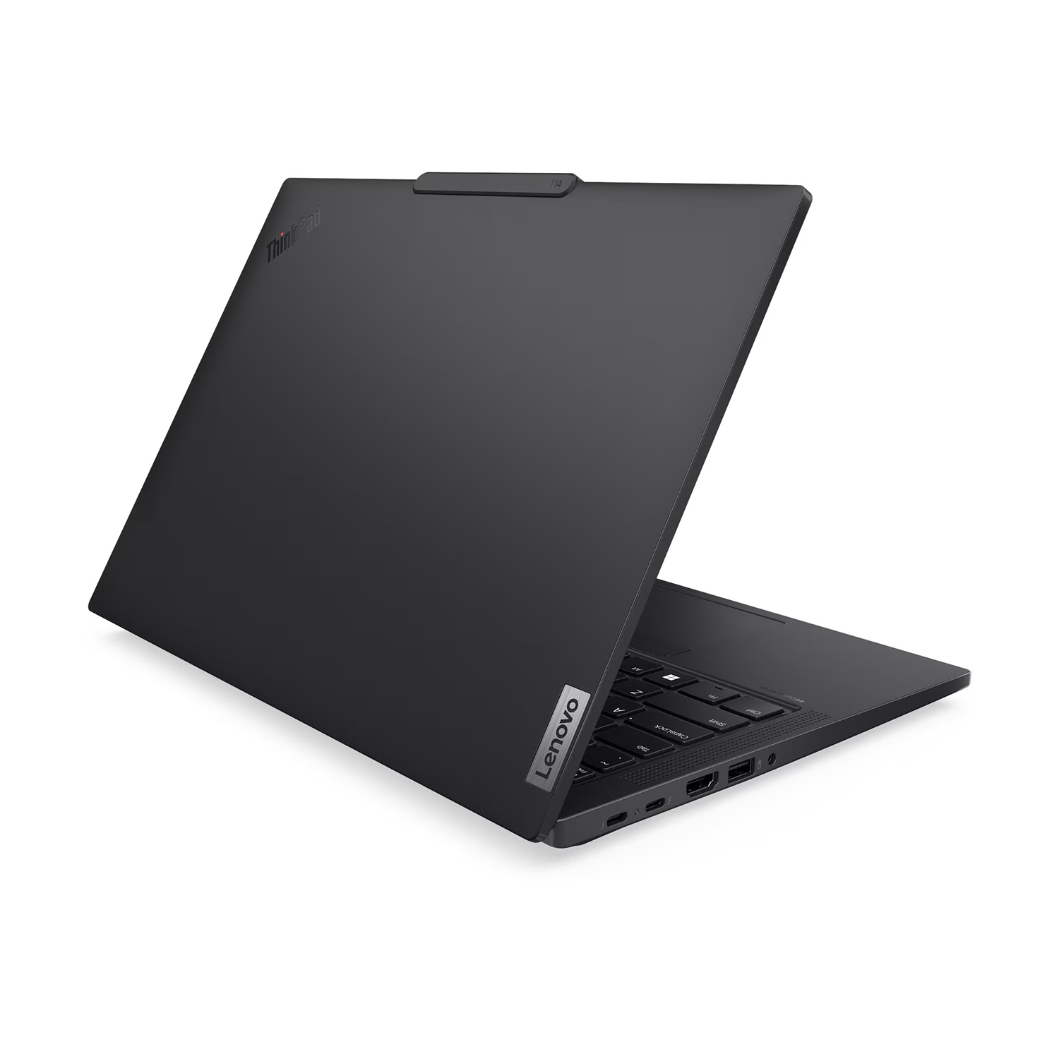 Beyaz bir yüzeyde duran kapalı siyah Lenovo ThinkPad dizüstü bilgisayar, yan bağlantı noktalarını gösteriyor.