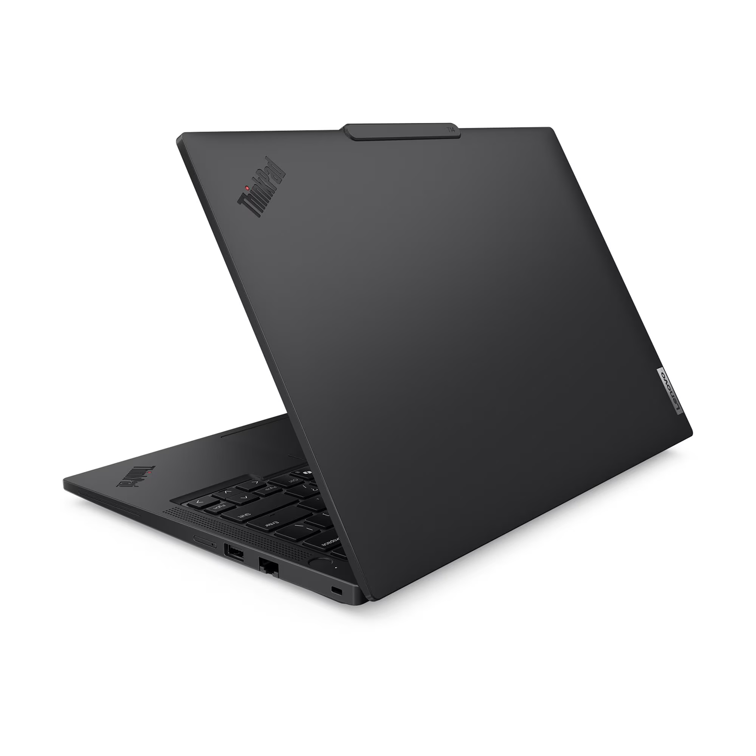 Siyah bir Lenovo ThinkPad dizüstü bilgisayar beyaz bir yüzeyde arkadan ve yandan gösteriliyor.