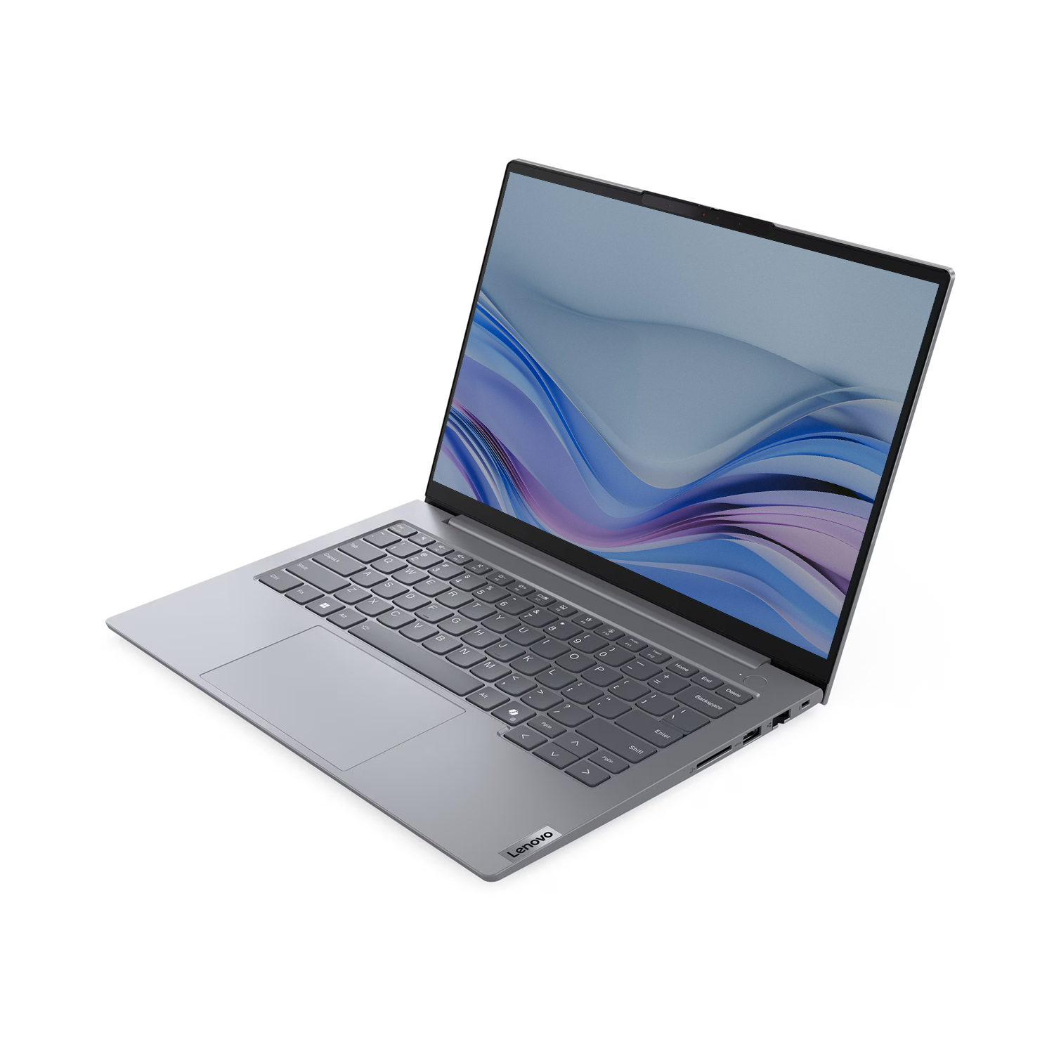 Ekranında mavi dalga deseni olan, beyaz zemin üzerinde açık gri bir Lenovo dizüstü bilgisayar.