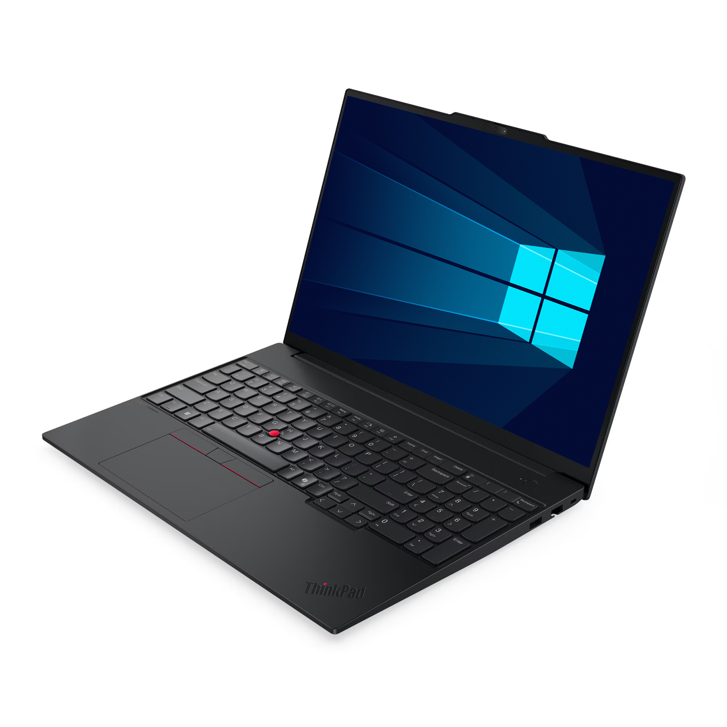Beyaz arkaplanda siyah bir dizüstü bilgisayar, ekranında mavi logolu Windows masaüstünü gösteriyor.