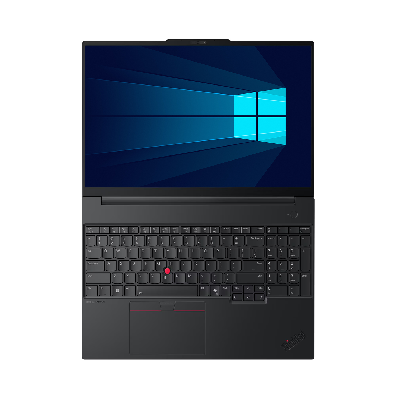Ekranında Windows masaüstü olan ve kırmızı TrackPoint içeren klavyeye sahip siyah dizüstü bilgisayar.