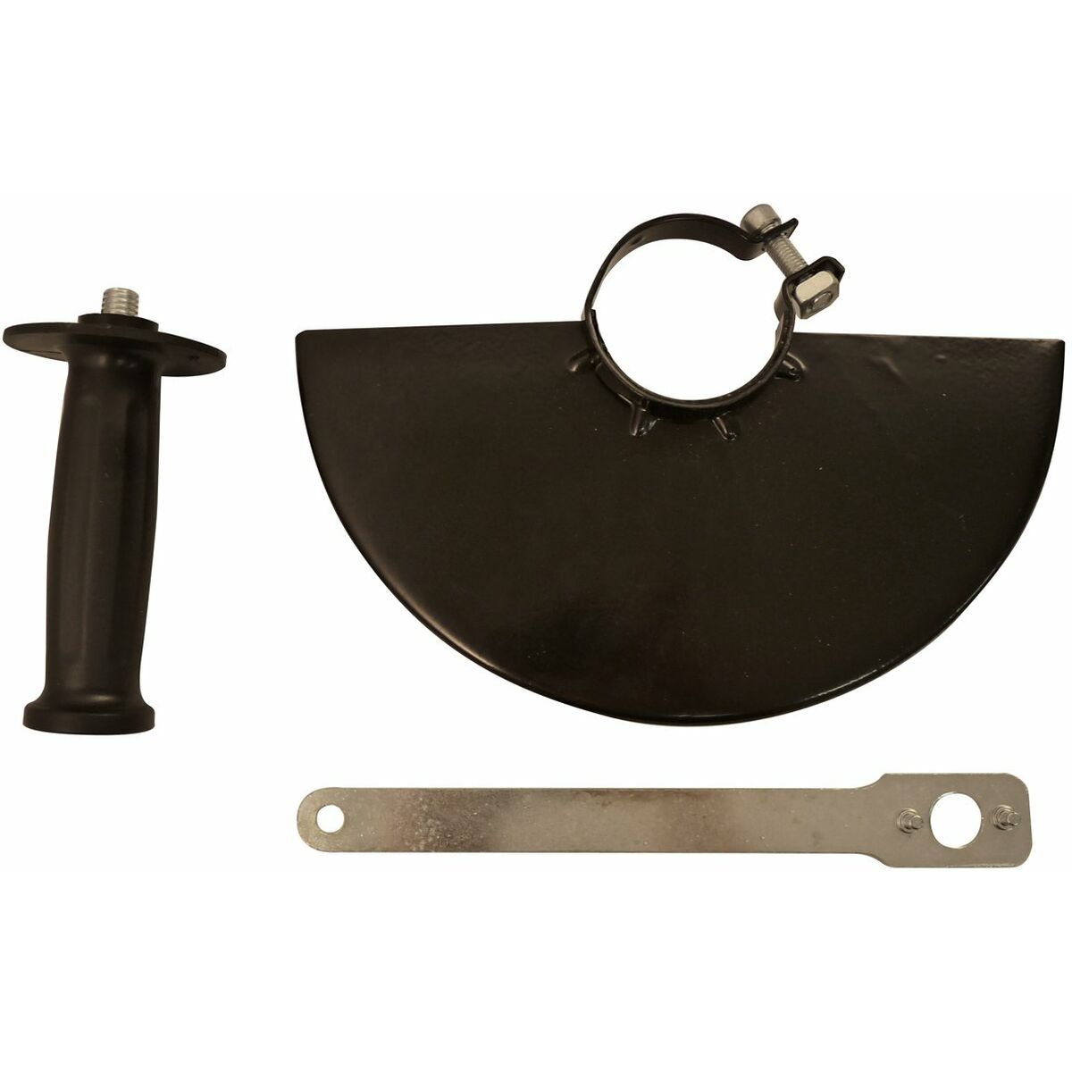 Schwarzer Winkelschleifer-Griff, Schutzhaube und flacher Metallschlüssel auf weißem Hintergrund.