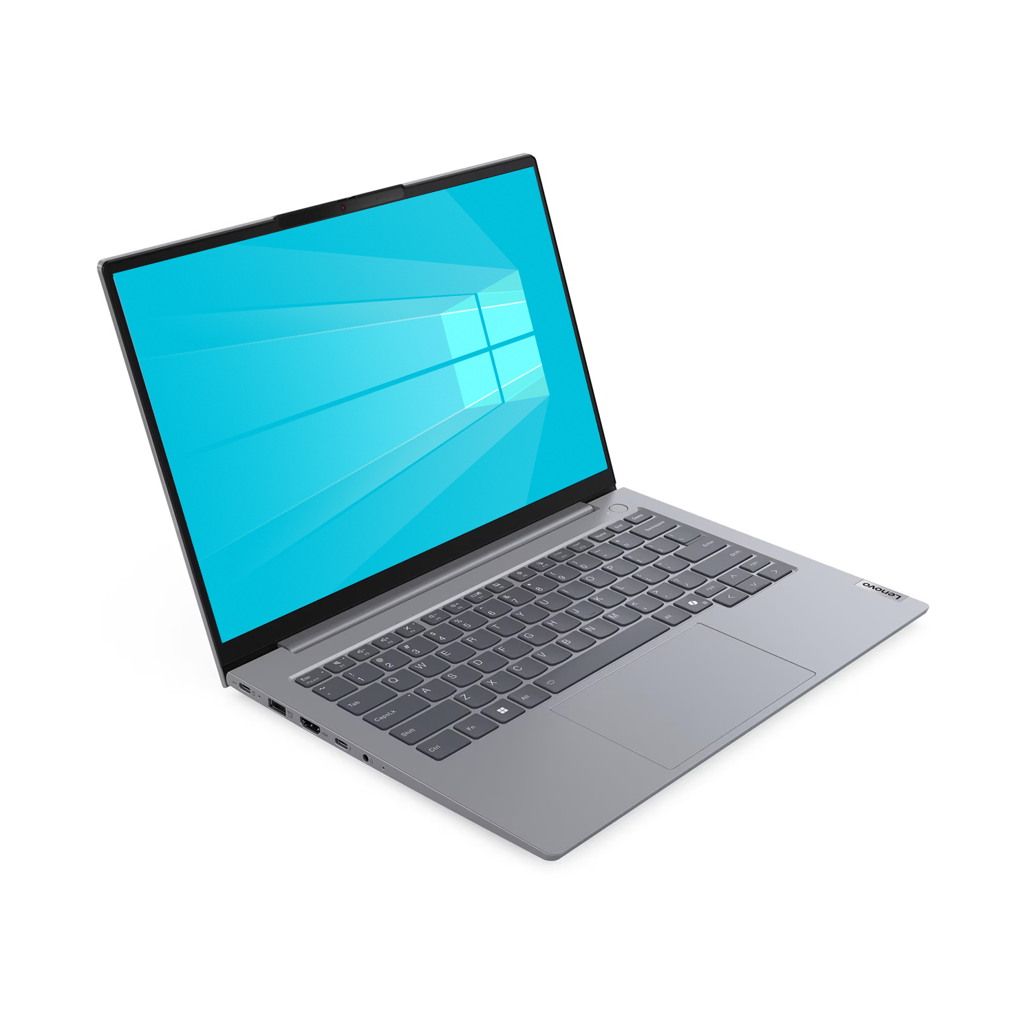 Beyaz arka planda, mavi Windows masaüstü ekranına sahip açık gümüş renkli bir Lenovo dizüstü bilgisayar.