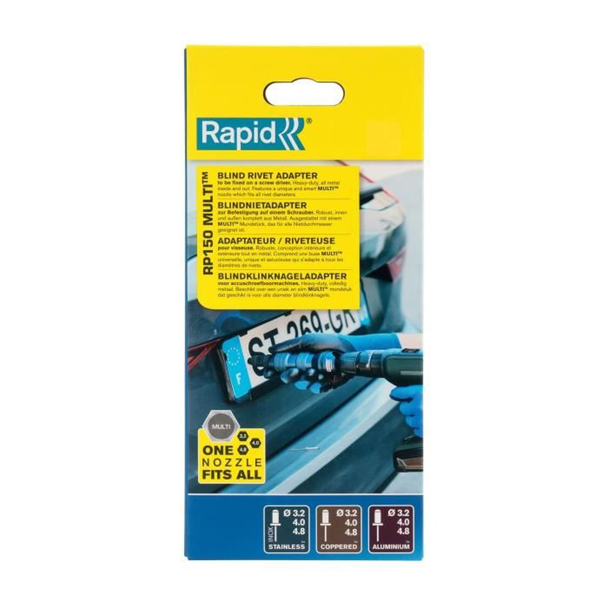 Verpackung eines Rapid Blindnietadapters mit gelben Akzenten und Produktabbildung auf einem blauen Hintergrund.