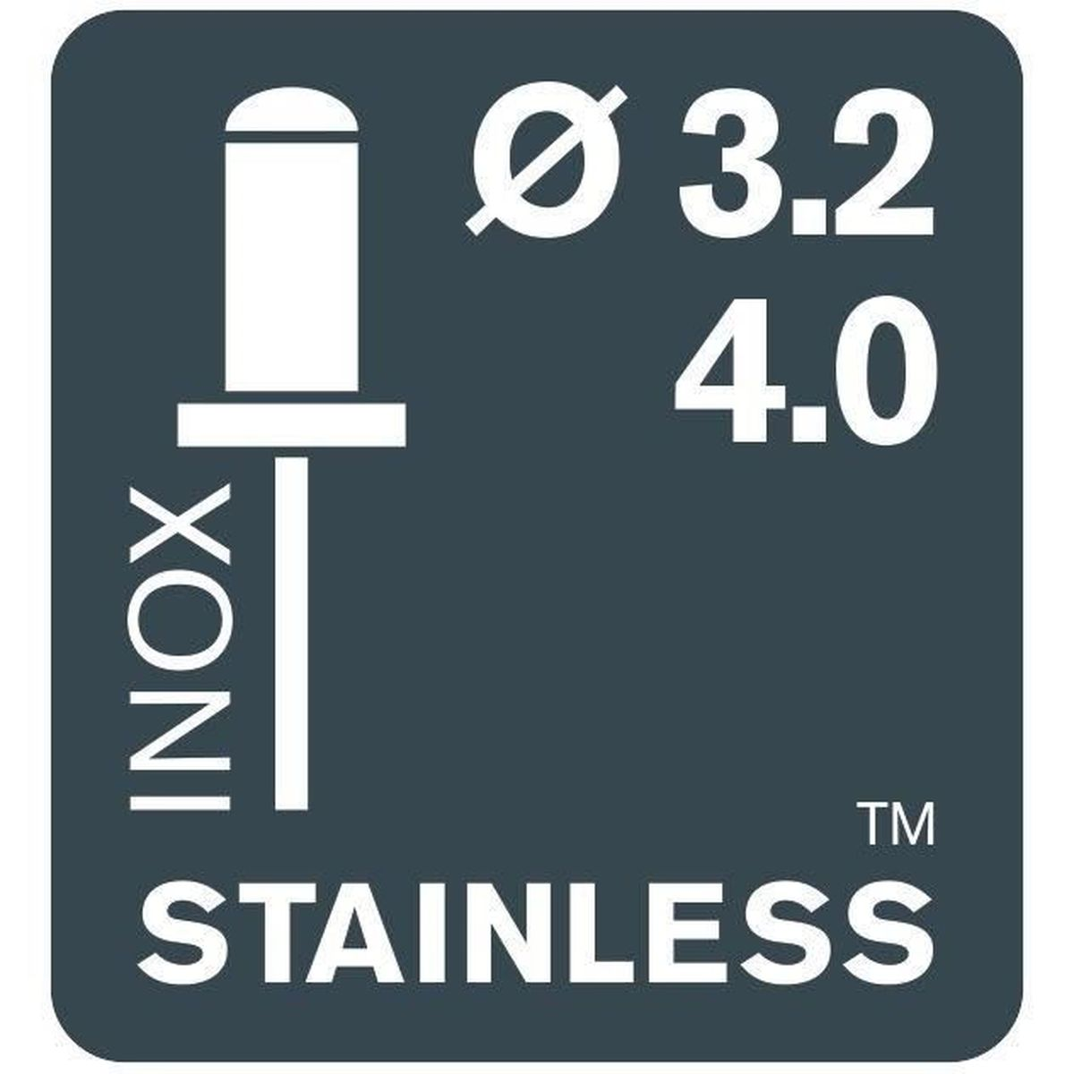 Edelstahl-Symbol mit den Angaben Inox und Durchmesser 3.2 bis 4.0.
