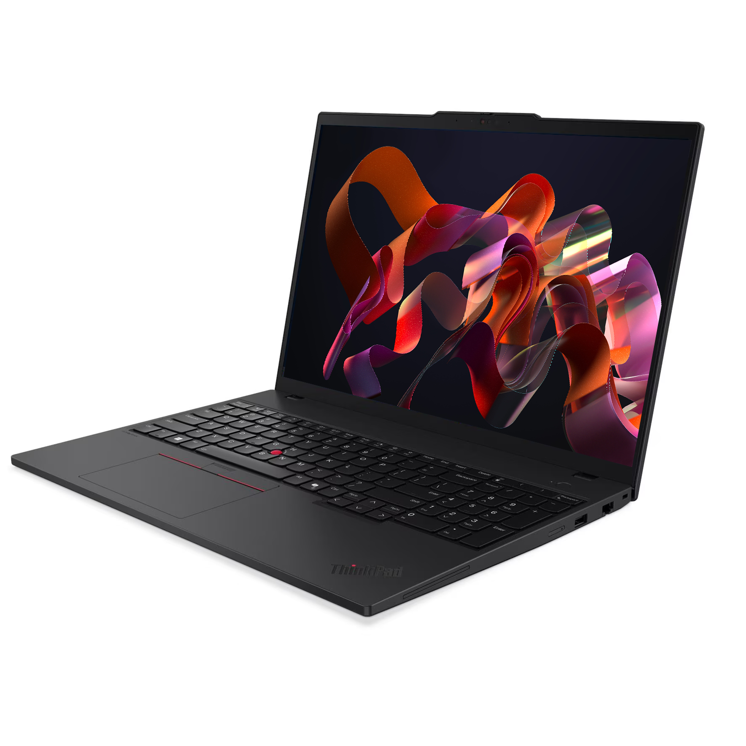 Ekranında renkli soyut grafikler olan siyah ThinkPad dizüstü bilgisayar, beyaz arka planda.