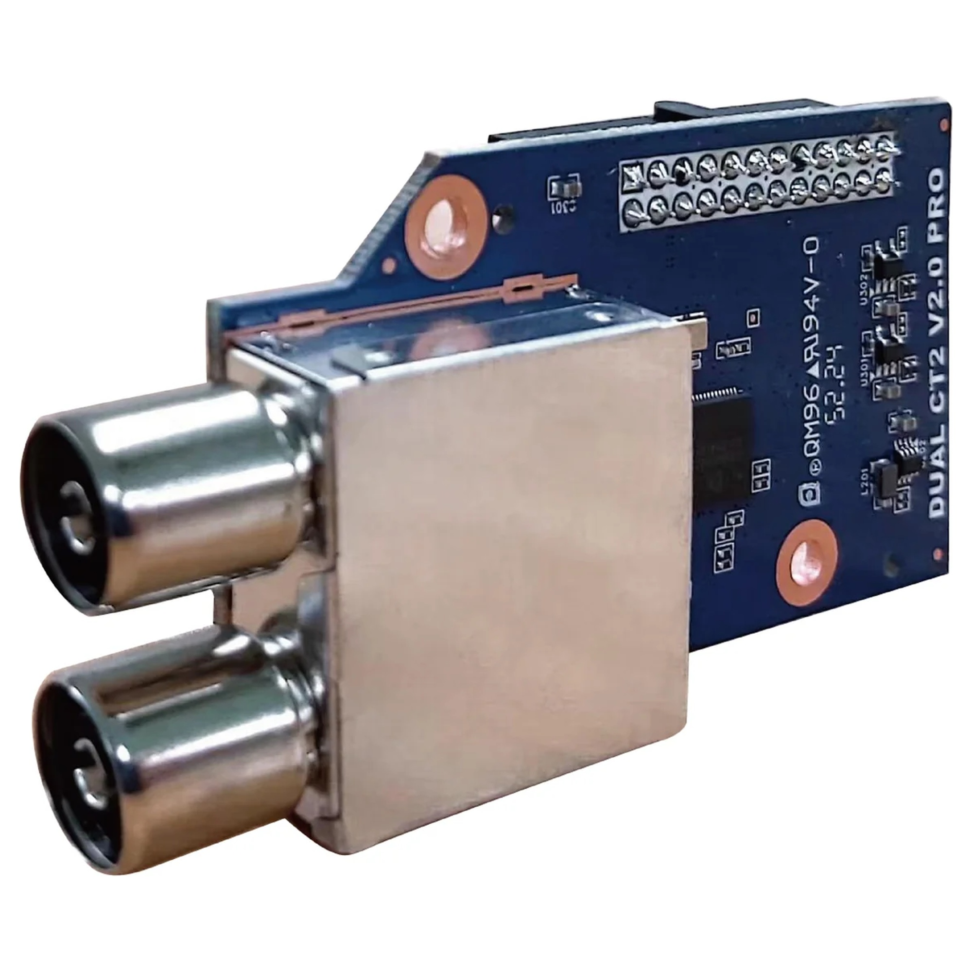 Eine blaue DUAL CT2 V2.0 PRO-Platine mit zwei silbernen Metall-Koaxialanschlüssen.