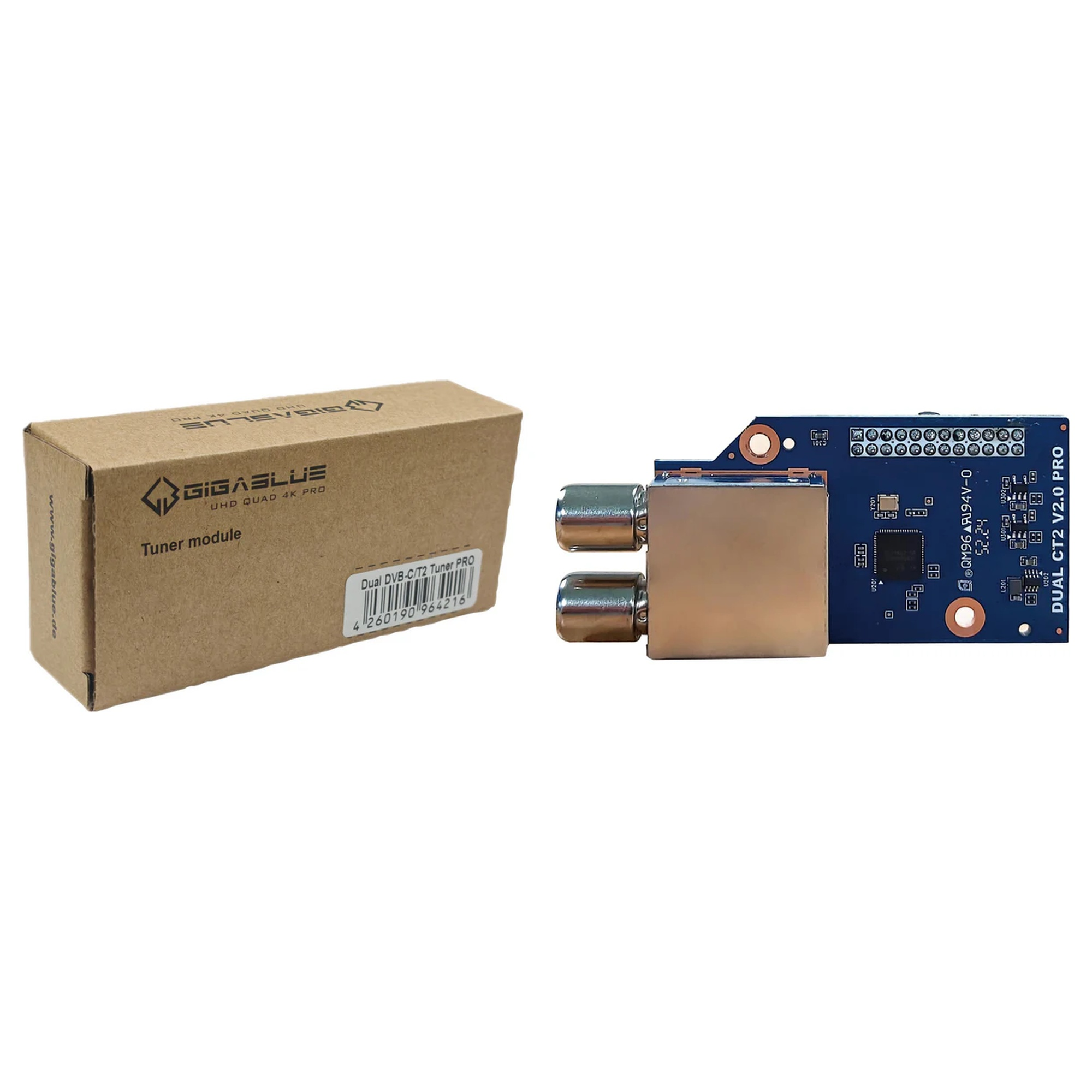 Ein blauer GigaBlue DUAL CT2 V2.0 PRO Tuner und seine braune Pappverpackung auf weißem Hintergrund.