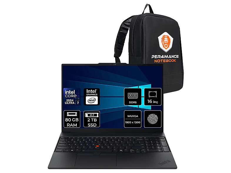 LENOVO TP E16 FHD+ 21SR007VTXP339 Intel Core Ultra 7 255H 80 GB RAM 2 TB SSD 16 inç FreeDOS Laptop+Çanta Siyah