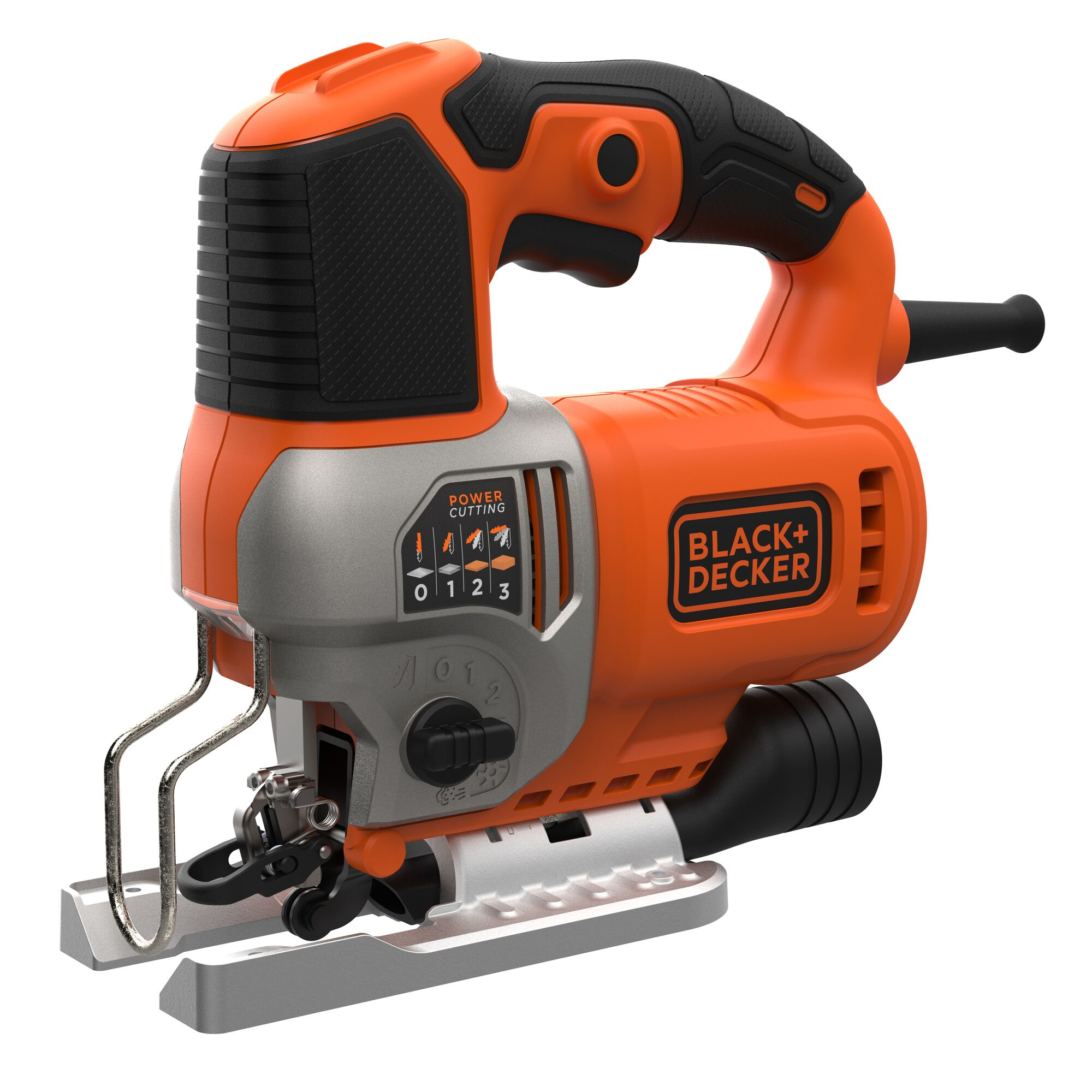 Eine orange-schwarze Stichsäge von Black and Decker mit silberner Bodenplatte auf weißem Hintergrund.