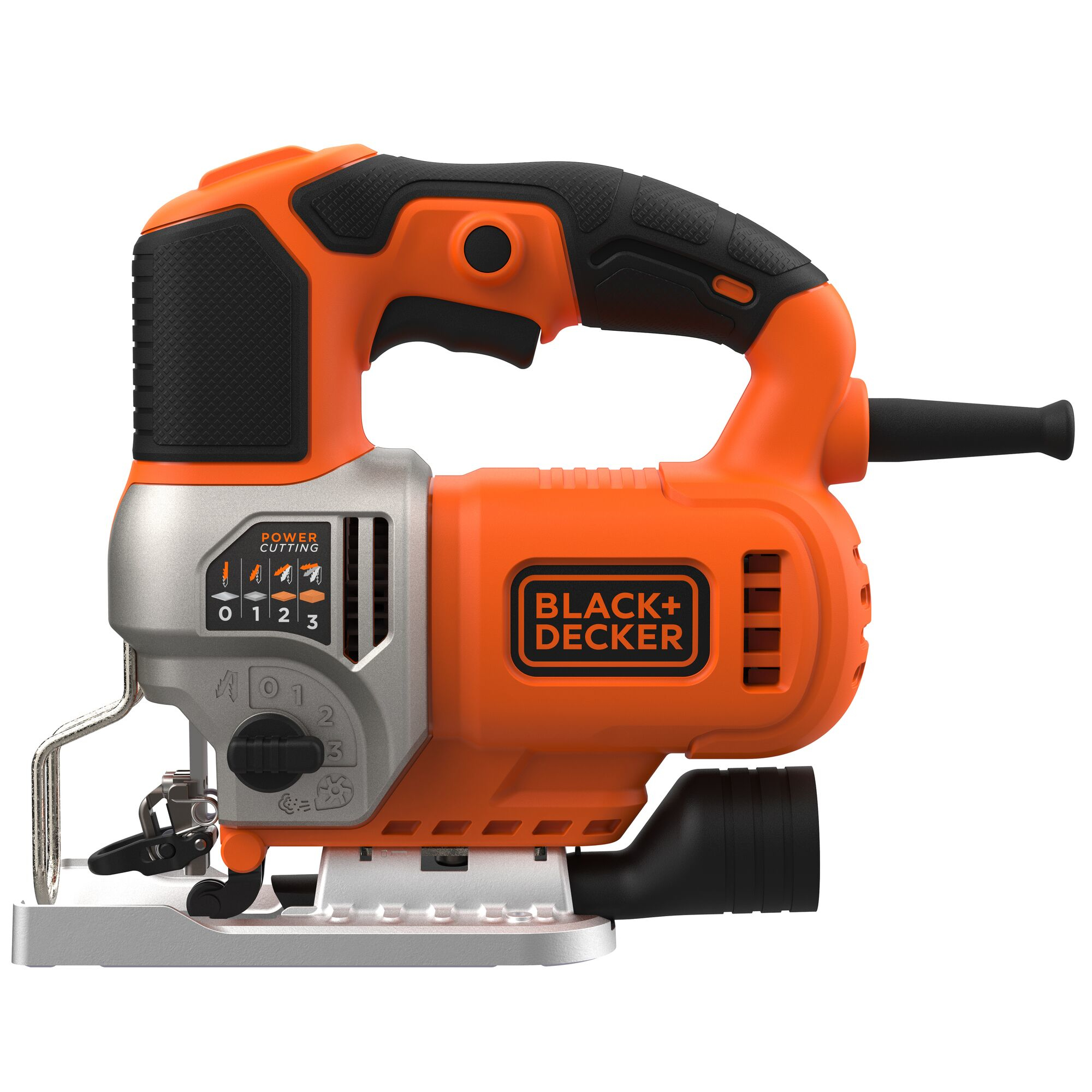 Eine orangene und schwarze Black+Decker Stichsäge mit silberner Basis auf weißem Hintergrund.