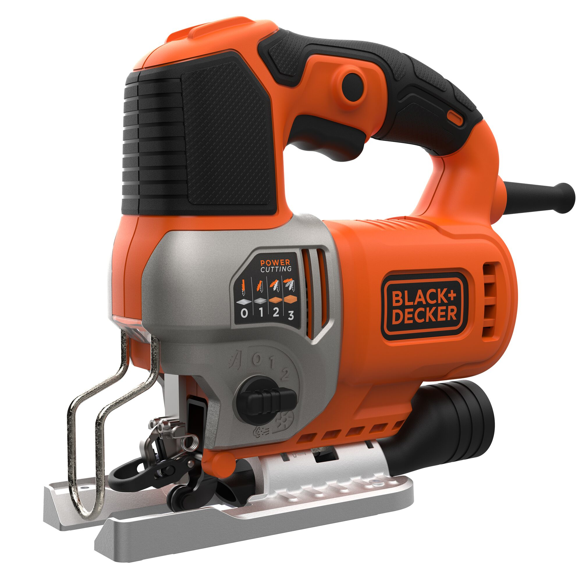 Eine orangenschwarze Black+Decker Stichsäge mit silberner Basis auf weißem Hintergrund.