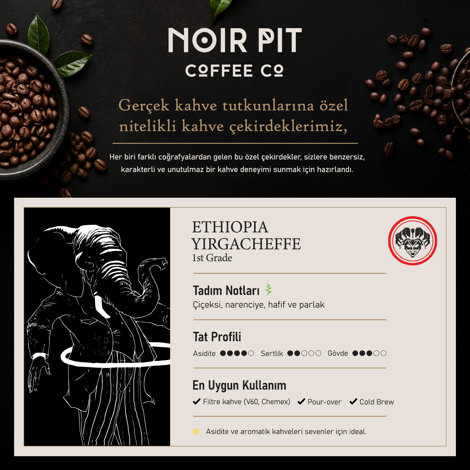 Fil illüstrasyonlu Etiyopya Yirgacheffe kahvesi için Noir Pit Coffee reklamı.