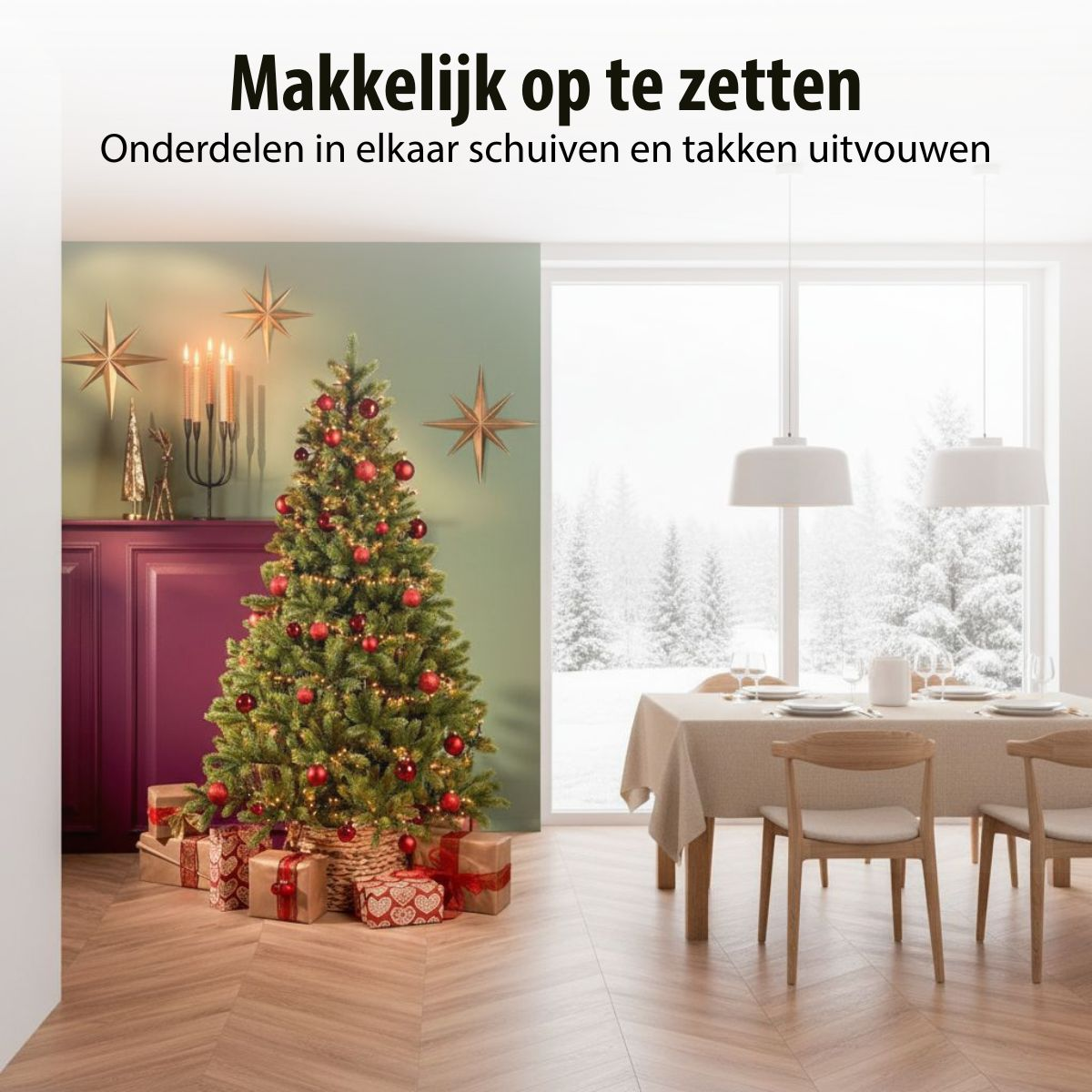 Festively decorated Christmas tree in a modern dining room with wrapped gifts and a set dining table.