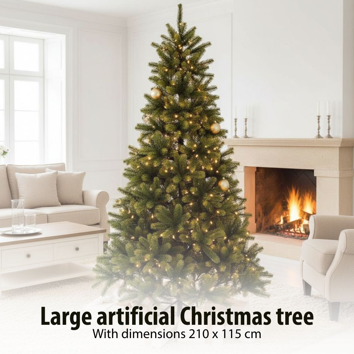 Large artificial Christmas tree with lights in a bright, cozy living room with a fireplace and sofa.