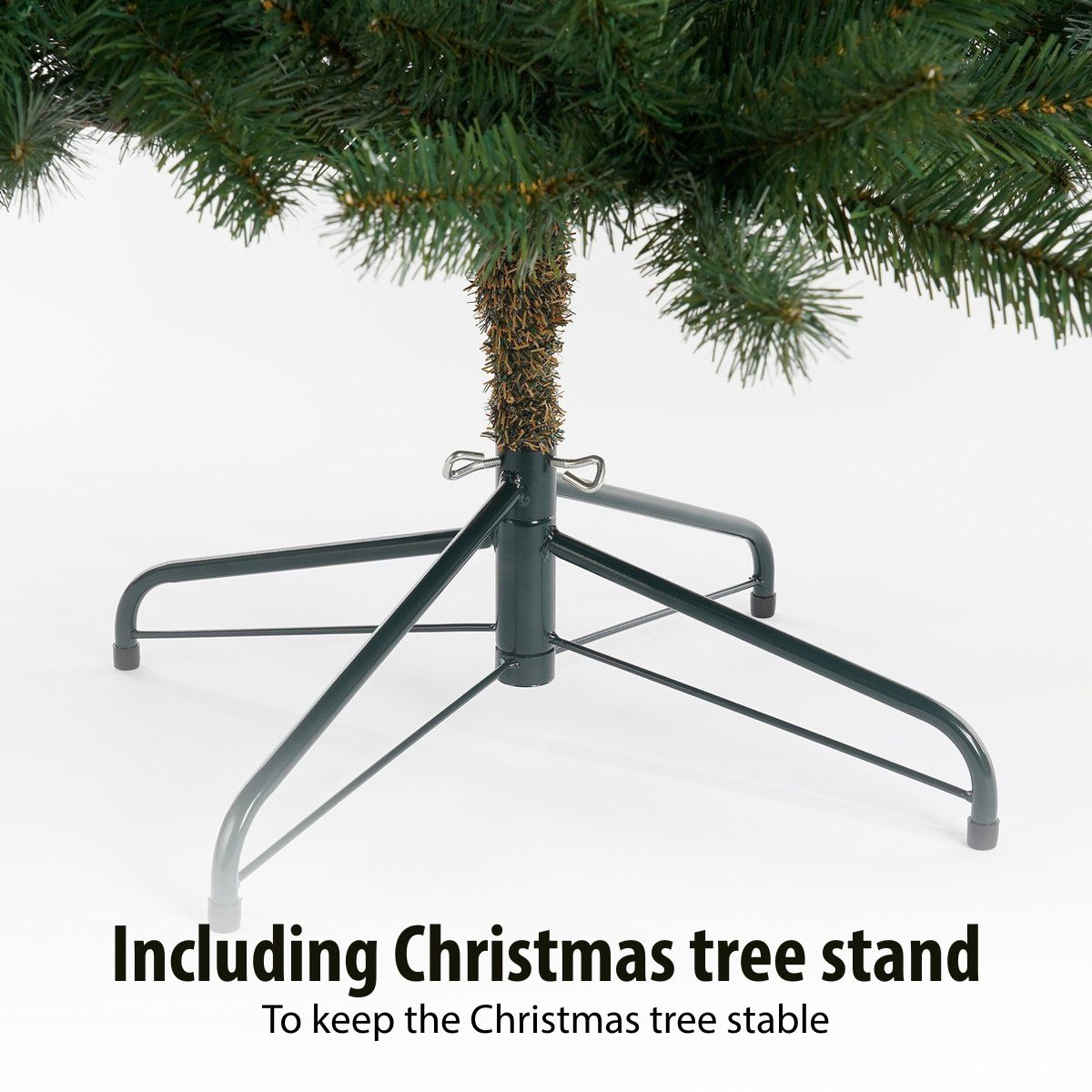 Sturdy green metal Christmas tree stand with four legs holding up the artificial tree.
