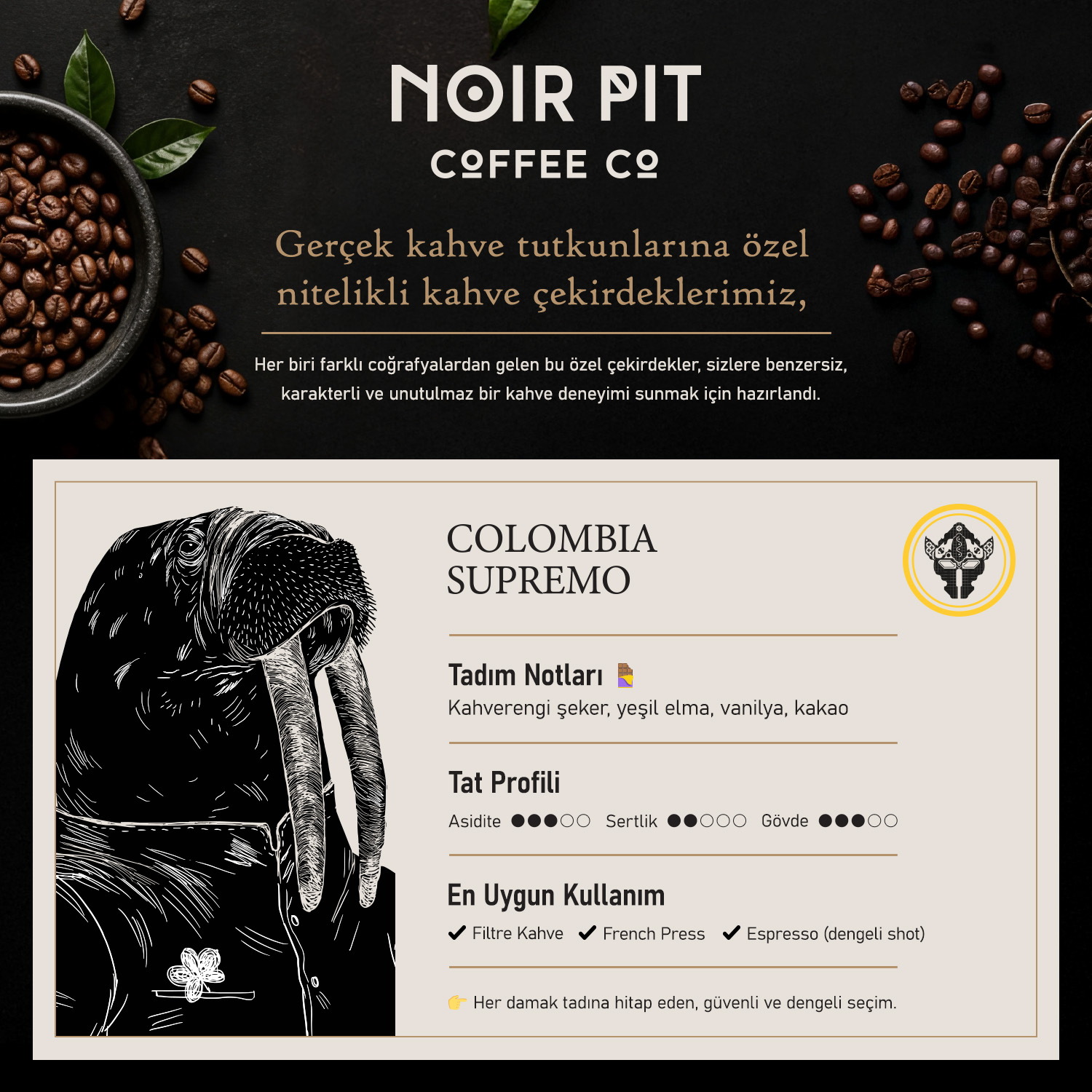 Colombia Supremo için kahve çekirdekleri ve mors illüstrasyonu içeren Noir Pit Coffee Co afişi.