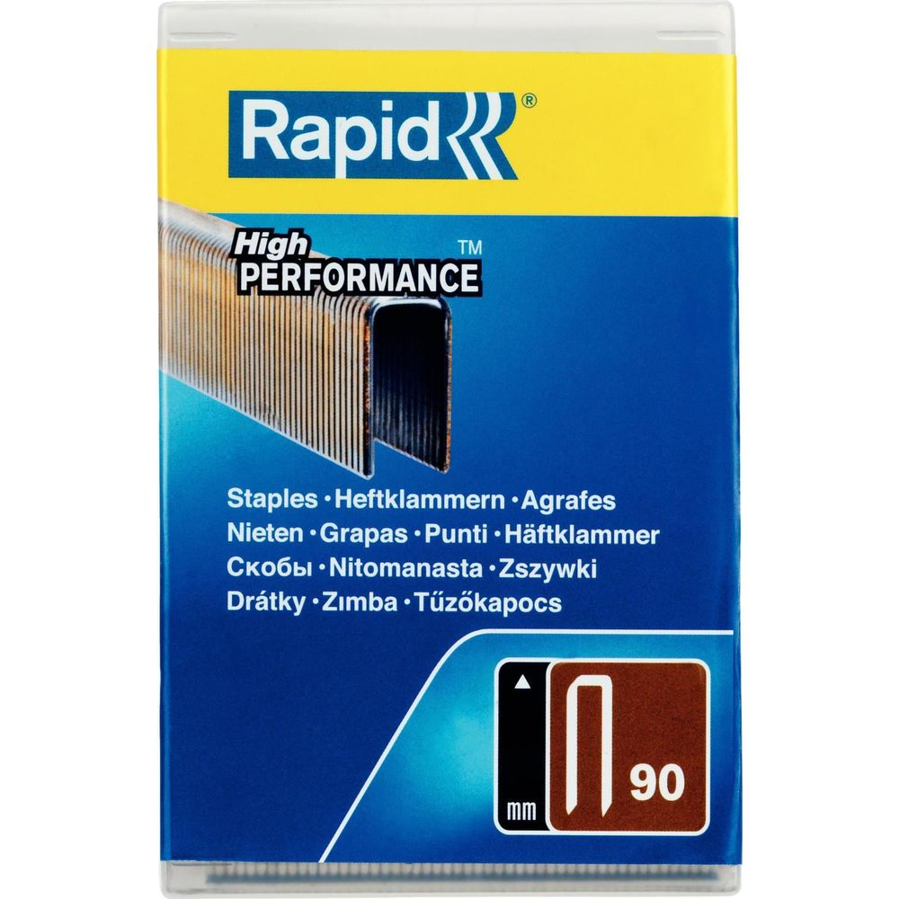 Gelb-blaue Schachtel mit Rapid-Heftklammern, Typ 90, mit Produktbild und mehrsprachigem Text.