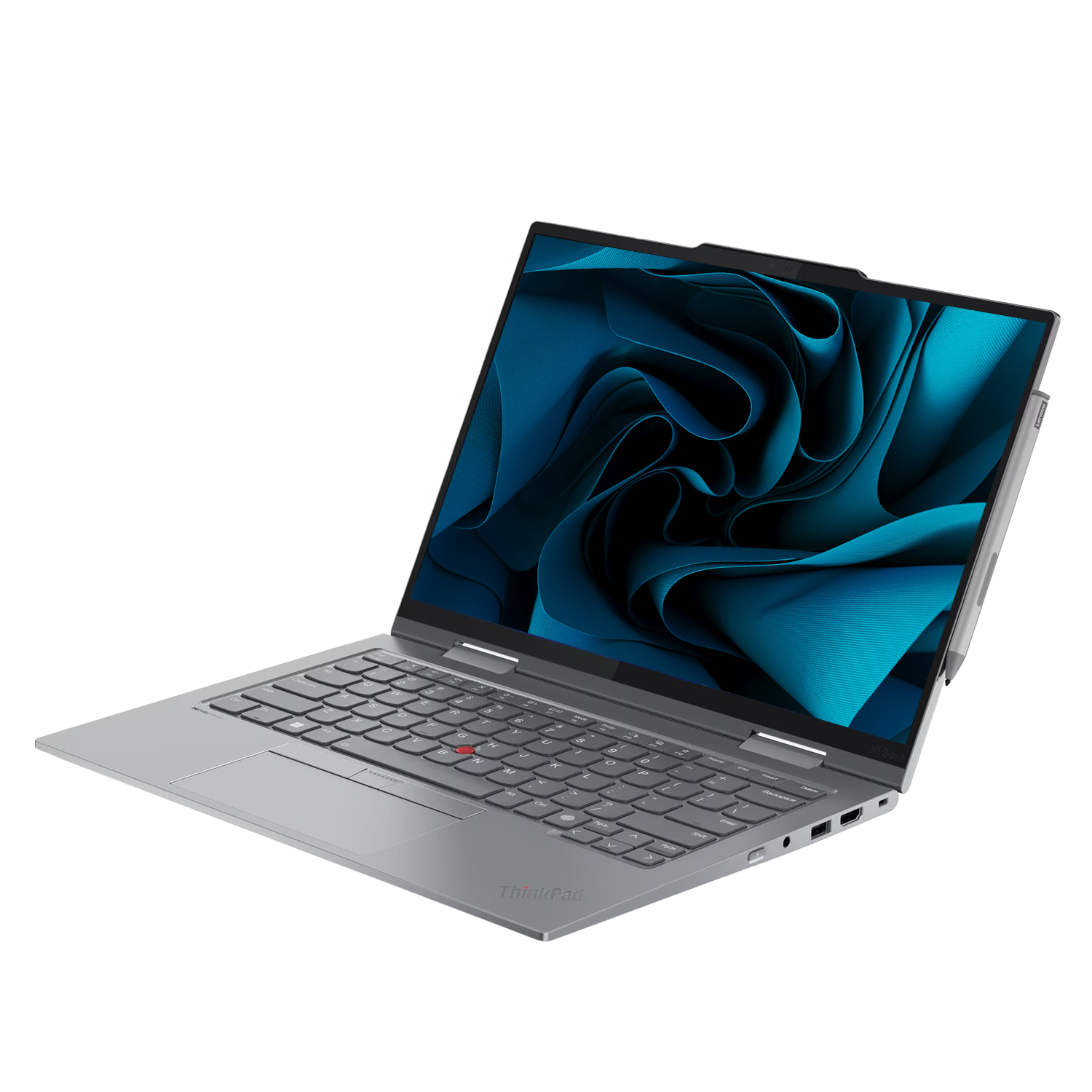 Gümüş renkli bir ThinkPad dizüstü bilgisayar beyaz arka planda açık duruyor, ekranında mavi soyut bir duvar kağıdı var.
