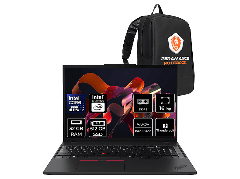 LENOVO TP T16 FHD+ 21QFS2PD00P317 Intel Core Ultra 7 255U 32 GB RAM 512 GB SSD 16 inç FreeDOS Laptop+Çanta Siyah
