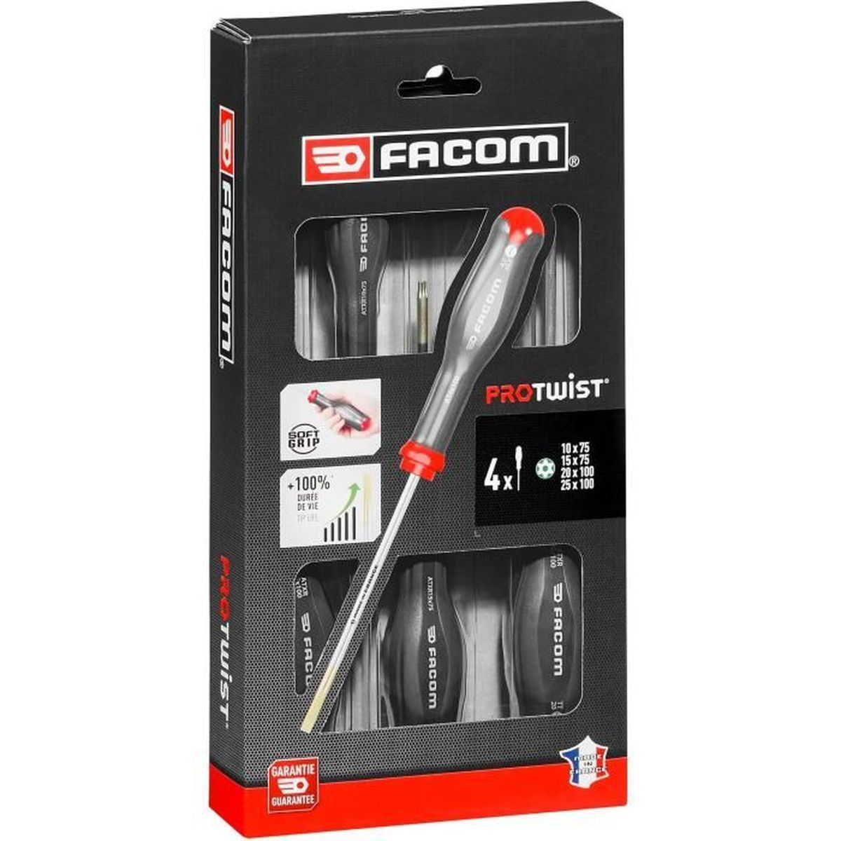 Verpackter Satz von vier roten und grauen Facom Protwist Schraubendrehern in einer schwarzen Box.